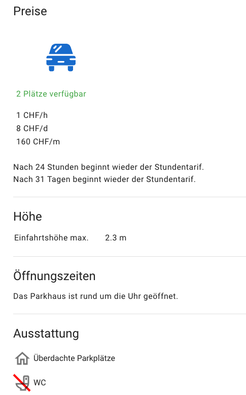 Screenshot aus der App Parcandi, die private Parkplätze vermietet. Die Screen zeigt Kosten und Informationen zu einem Parkplatz.