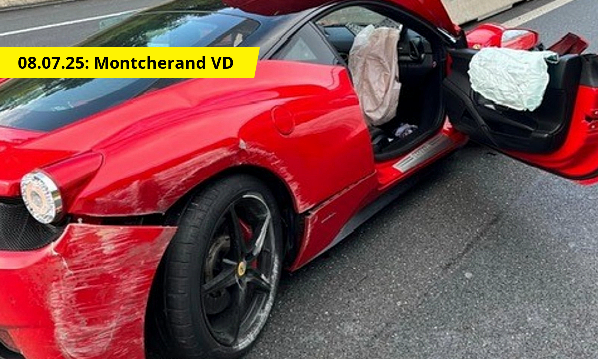 So sah der Ferrari nach dem Crash mit der Leitplanke am letzten Dienstag aus. Bild: Kantonspolizei Waadt