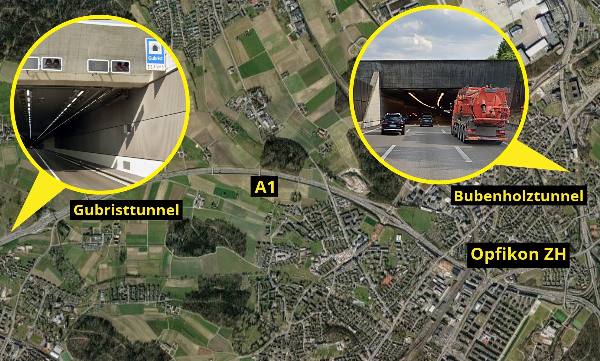 25.9.2017: Nach dem Rennen in Oberbühren wechseln die Jungelenker auf dem Weg nach Zürich die Fahrzeuge. Der Beschuldigte sitzt nun am Steuer des Jaguars. Im Bubenholz- und Grubristtunnel lassen sie die Motoren heulen, sie beschleunigen die Fahrezeuge bis auf über 150 Stundenkilometer und gefährdet mit der Fahrweise andere Verkehrsteilnehmende. Bild: Google Maps, Street View