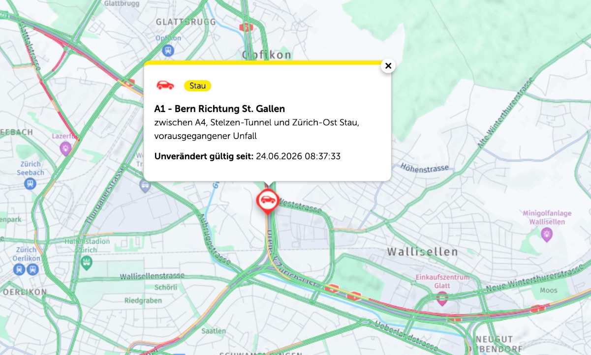 Auf dieser Strecke kommt es aktuell zu einem grossen Zeitverlust im Morgenverkehr. Bild: Touring Club Schweiz TCS