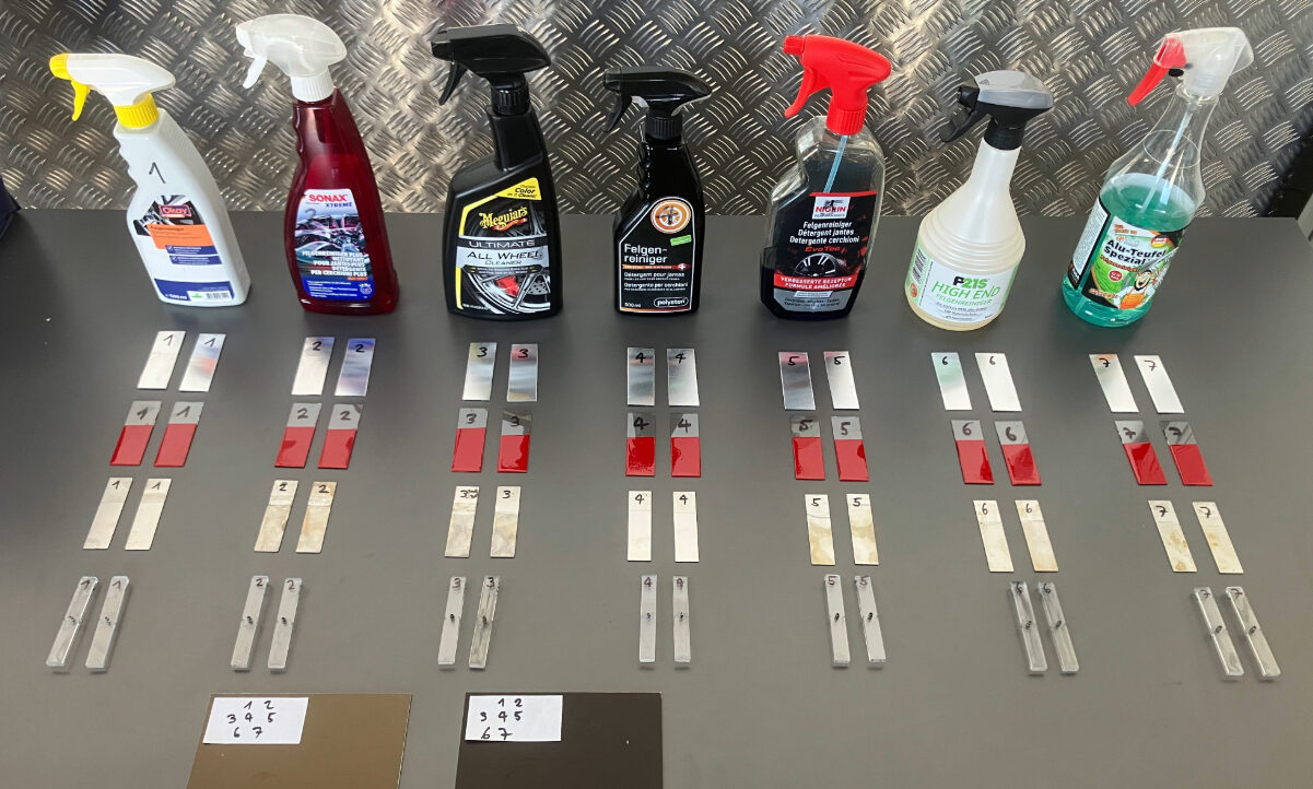 Von den sieben getesteten Felgenreiniger erhielten vier Stück das Label «sehr empfehlenswert», ein Produkt die Bezeichnung «empfehlenswert» und bei zwei Produkten lautete das Resultat der Tester «nicht empfehlenswert». Bild: Touring Club Schweiz