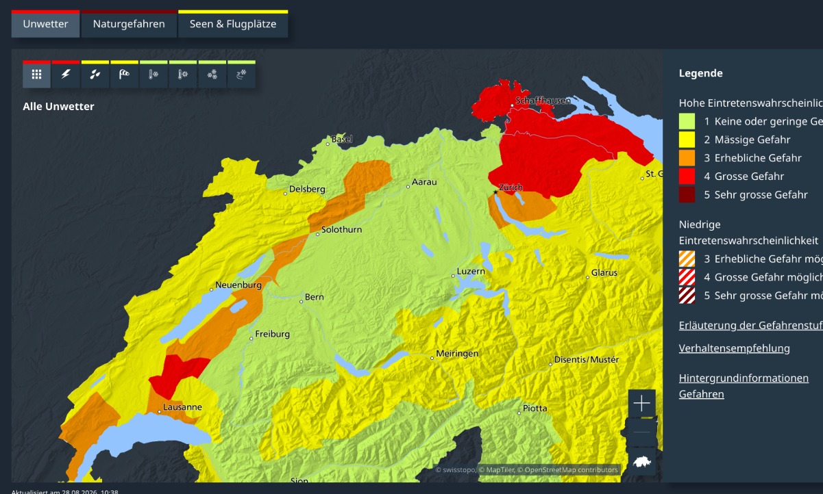 MeteoSchweiz sprach eine Unwetterwarnung der Stufe vier aus. Bild: MeteoSchweiz