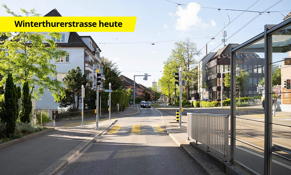 Im direkten Vergleich wird deutlich, wie einschneidend die angedachten Massnahmen sind. Das erste Bild zeigt die Winterthurerstrasse in ihrem heutigen Zustand als Strasse für den gesamten Verkehr. Bild: ETH