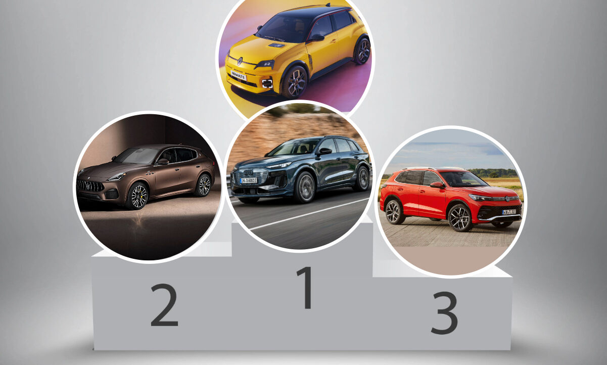 Die Siegertreppe: 1. Platz: Renault 5, Audi Q6 e-tron, 2. Platz: Maserati Grecale, 3. Platz: VW Tiguan. Grafik: STREETLIFE
