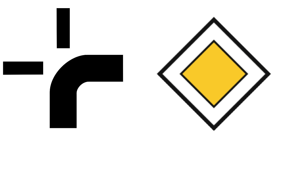 Eine Haupstrasse wird in der Schweiz mit diesen Schildern signalisiert. Das linke Zeichen stellt den Verlauf der Haupstrasse dar, das linke signalisiert den Vortritt, den man auf der Hauptstrasse hat.