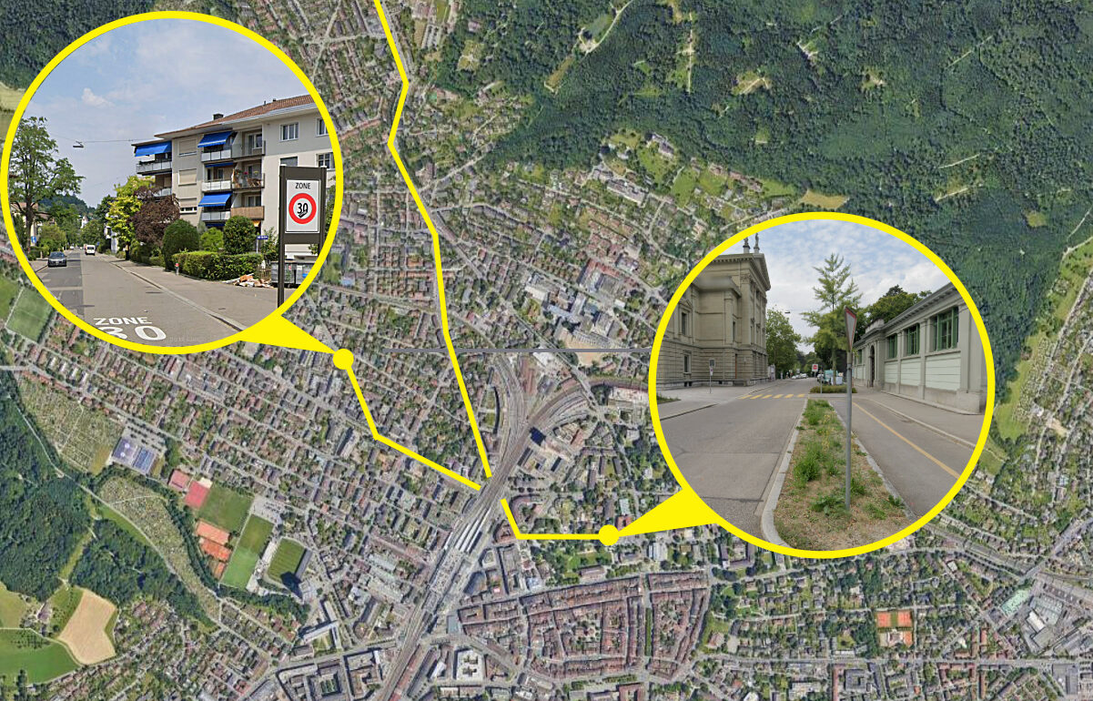 Auf seiner Flucht fuhr der 39-jährige Deutsche quer durch Winterthur. Im Stadtzentrum fuhr er in der falschen Richtung durch Einbahnstrassen (Bild r.) und raste durch Tempo-30-Zonen (Bild l.). In einer Quartierstrasse wurde er schliesslich gestoppt. Grafik: STREETLIFE, Google Maps