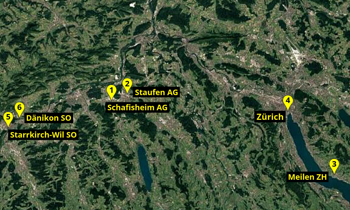 Innerhalb von zwei Monaten wird B. gleich in drei Kantonen straffällig. Dabei erbeutet er eine Deliktsumme von rund 21'700 Franken. Grafik: STREETLIFE, Google Maps