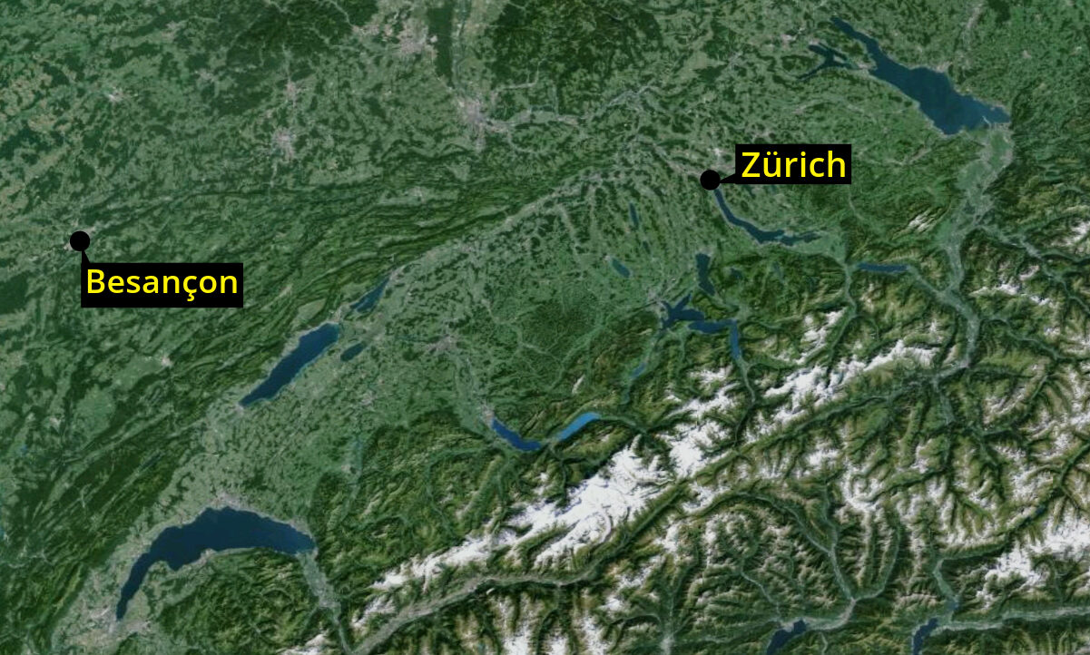Die Beschuldigten flüchteten nach dem Diebstahl in die französische Stadt Besançon. Die Frau und der Mann sind französische Staatsbürger. Grafik: STREETLIFE / Google Maps