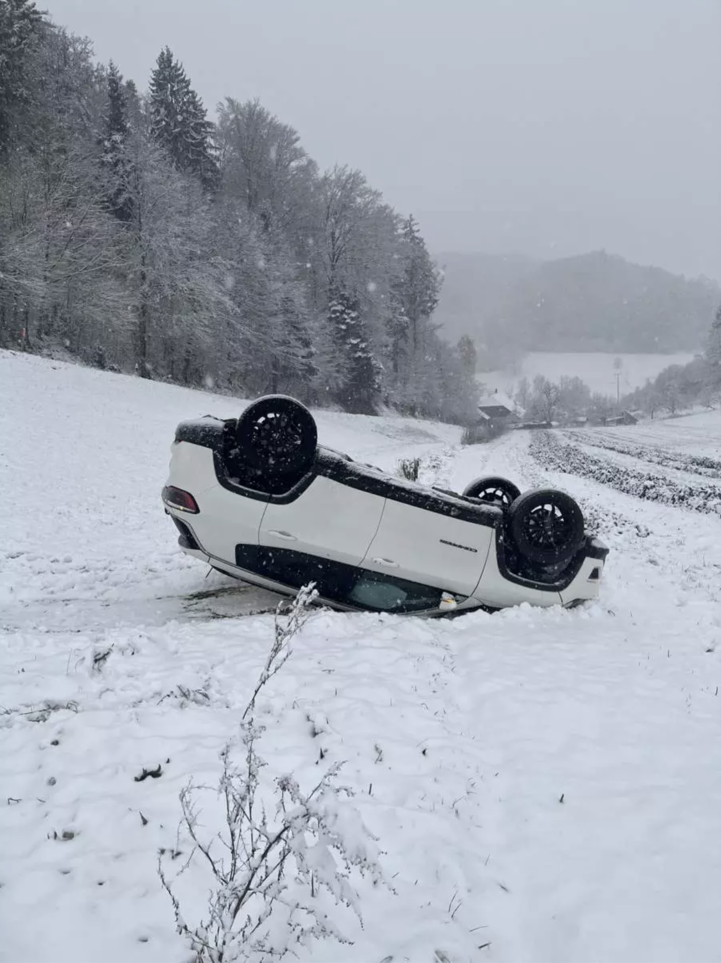Fahrzeug liegt auf dem Dach im Schnee