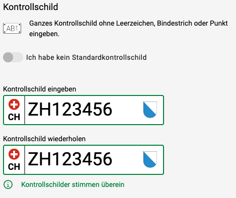 Je nach Auswahl wird das Kontrollschild des entsprechenden Landes angezeigt, das nun noch mit den Zahlen und Buchstaben ergänzt werden muss.