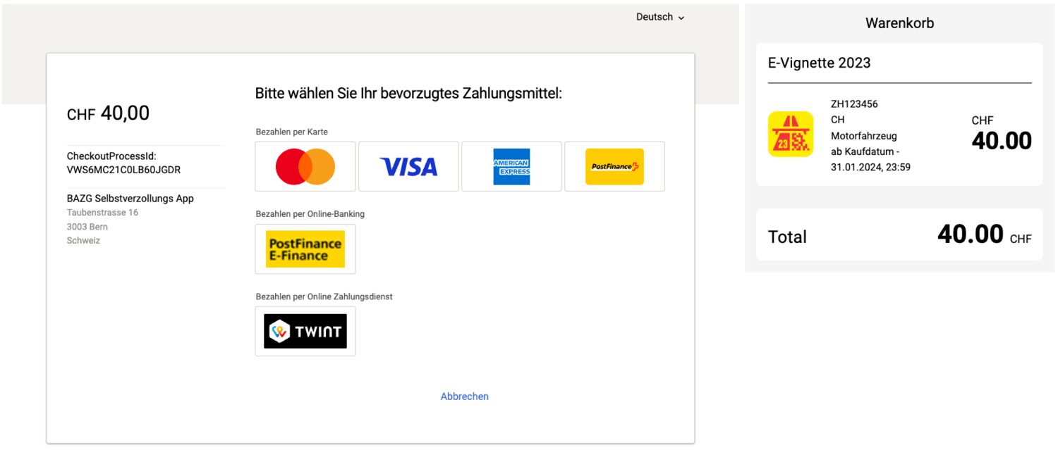 Im letzten Schritt bezahlt man die E-Vignette.