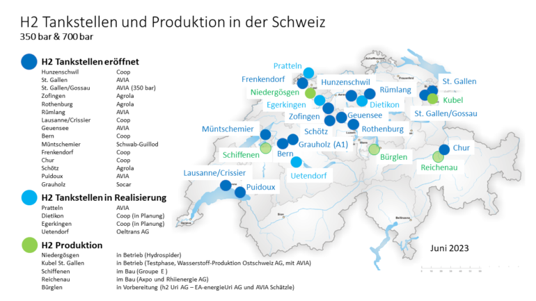 Die Übersicht zeigt die Standorten, an denen Wasserstoff produziert und getankt werden kann.