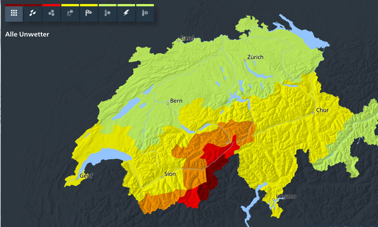 Wetterwarnung von MeteoSchweiz für die betroffenen Regionen. Bild: MeteoSchweiz